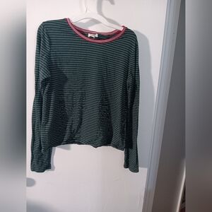 Striped Dark Green Long Sleeve Top with Red-Trim Neck